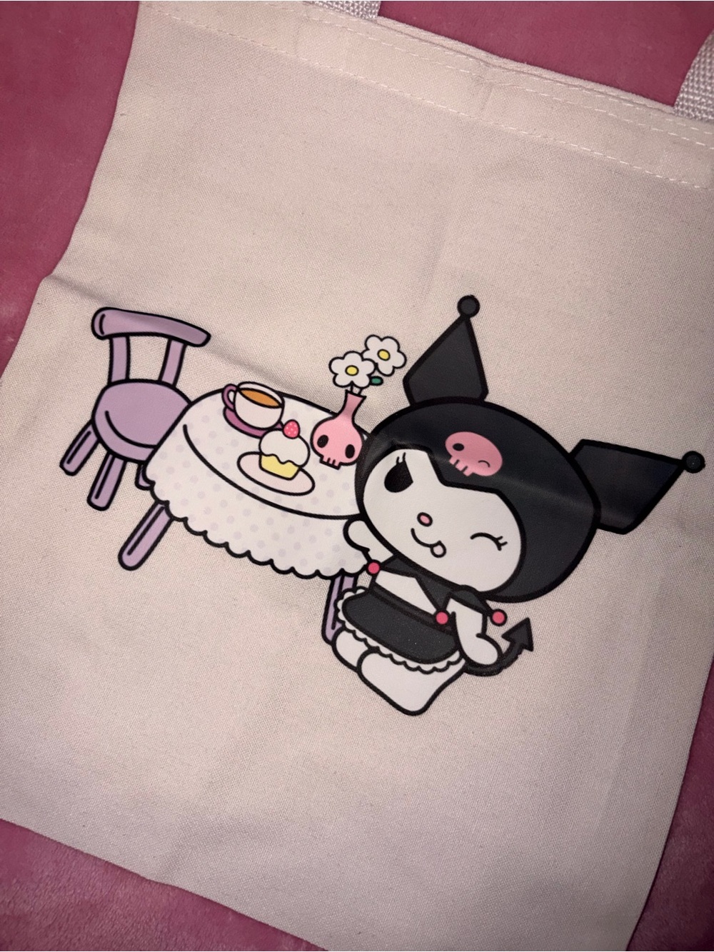 Sanrio Kuromi Pink and Black Canvas Tote with Tea Party Print